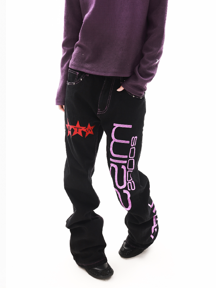 Black Cow Full Embroidery Scimitar Jeans【s0000018312】