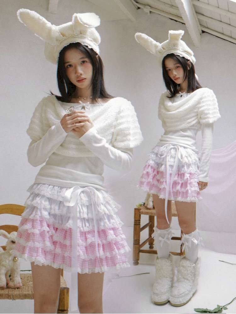 Pink Grid Gradient Lace Short Skirt【s0000014940】