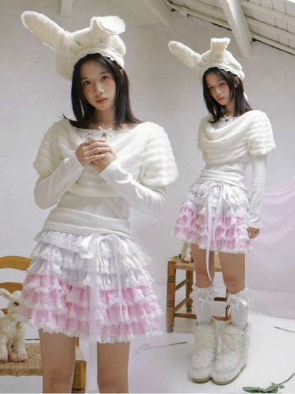 Pink Grid Gradient Lace Short Skirt【s0000014940】