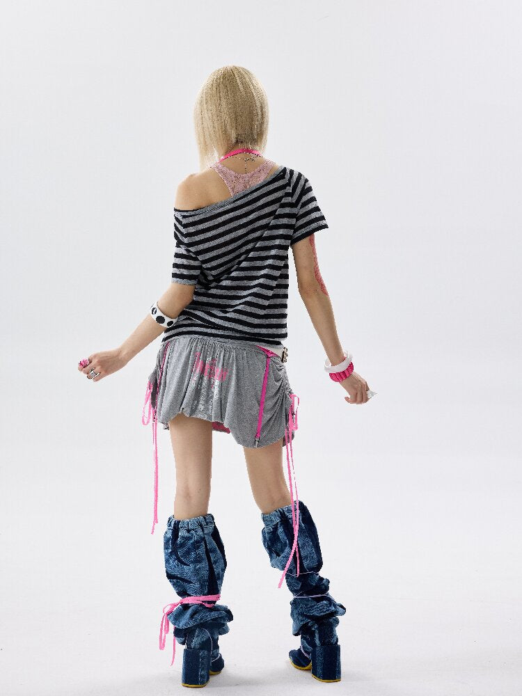 Single Shoulder Striped Halter T Shirt【s0000017640】