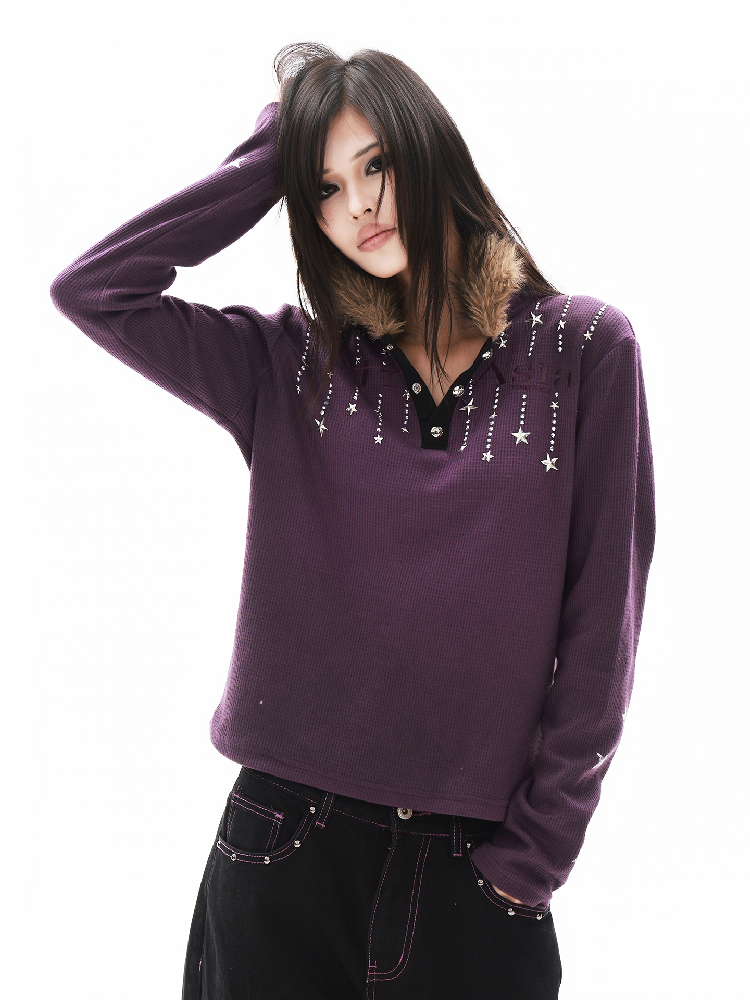 Washed Waffle Rhinestone Polo Shirt【s0000018339】