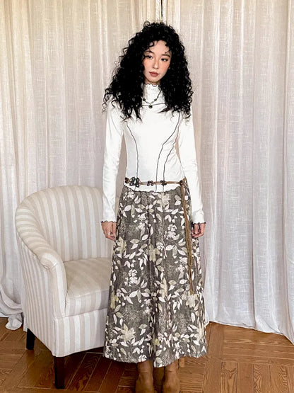 Brushed Print Flattering Mid-Length Skirt【s0000013989】