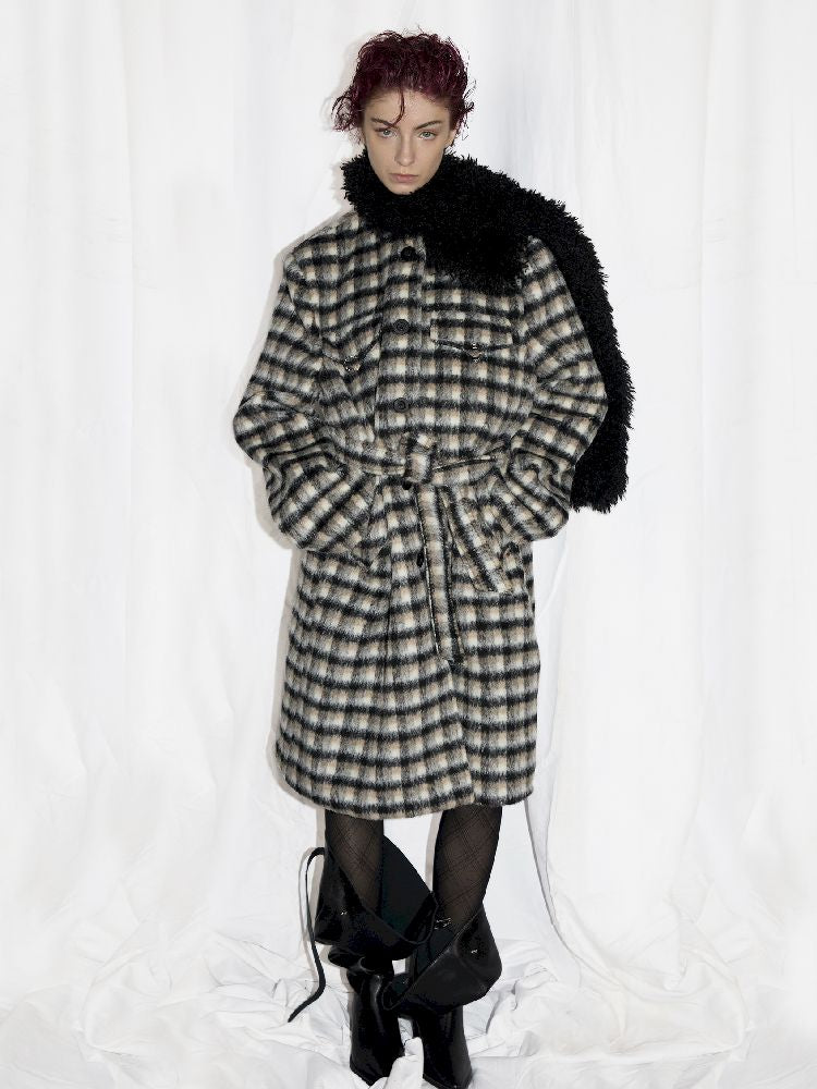 Wool Scarf Plaid Coat [S0000010945]