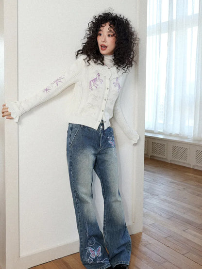 Butterfly Embroidered Slightly Flared Jeans【s0000013987】