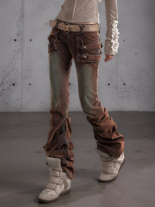 Distressed Pleated Low Rise Jeans【s0000019152】