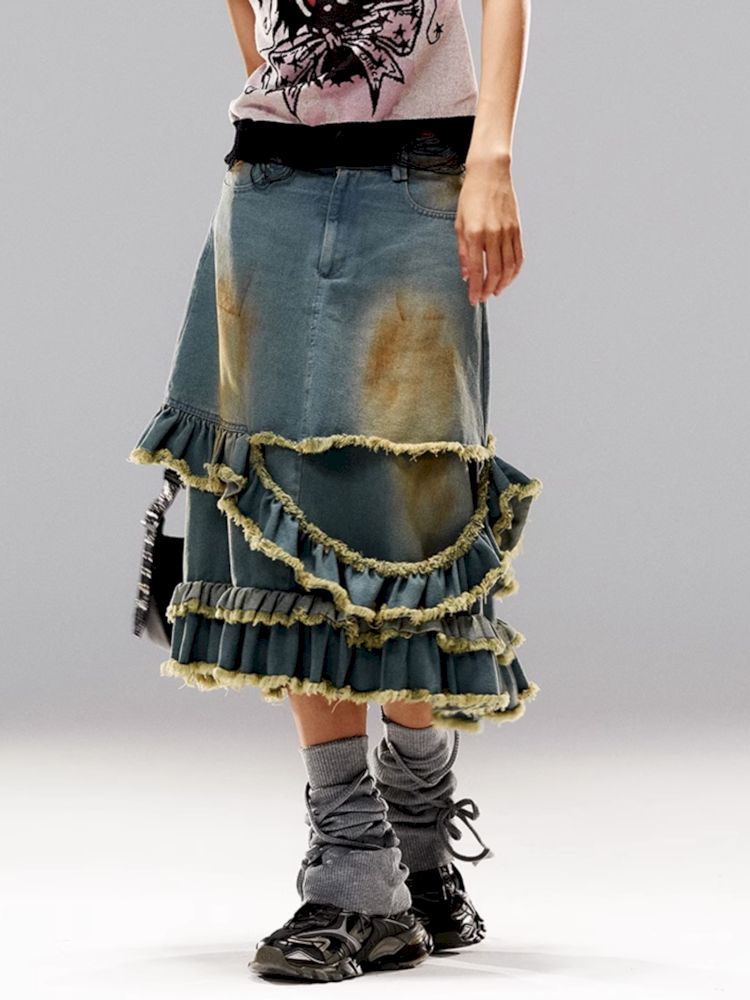 Raw Edge Mud Dye Denim Skirt【s0000009411】