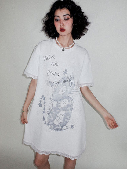 Lace Splicing Printed T-Shirt Dress [S0000008821]