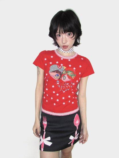 Lace Cotton Mini Print Short Top【s0000018656】