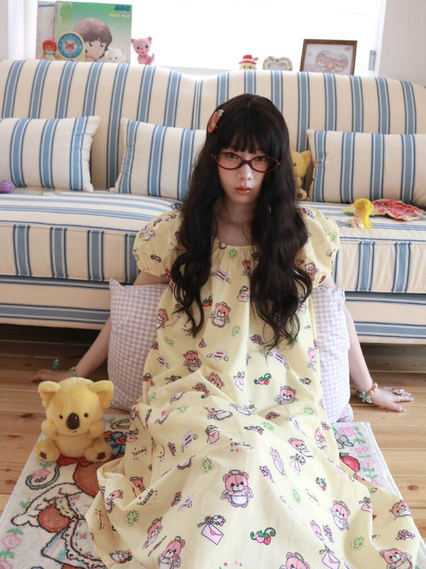 Bear Print Puff Sleeve Long Dress【s0000017512】