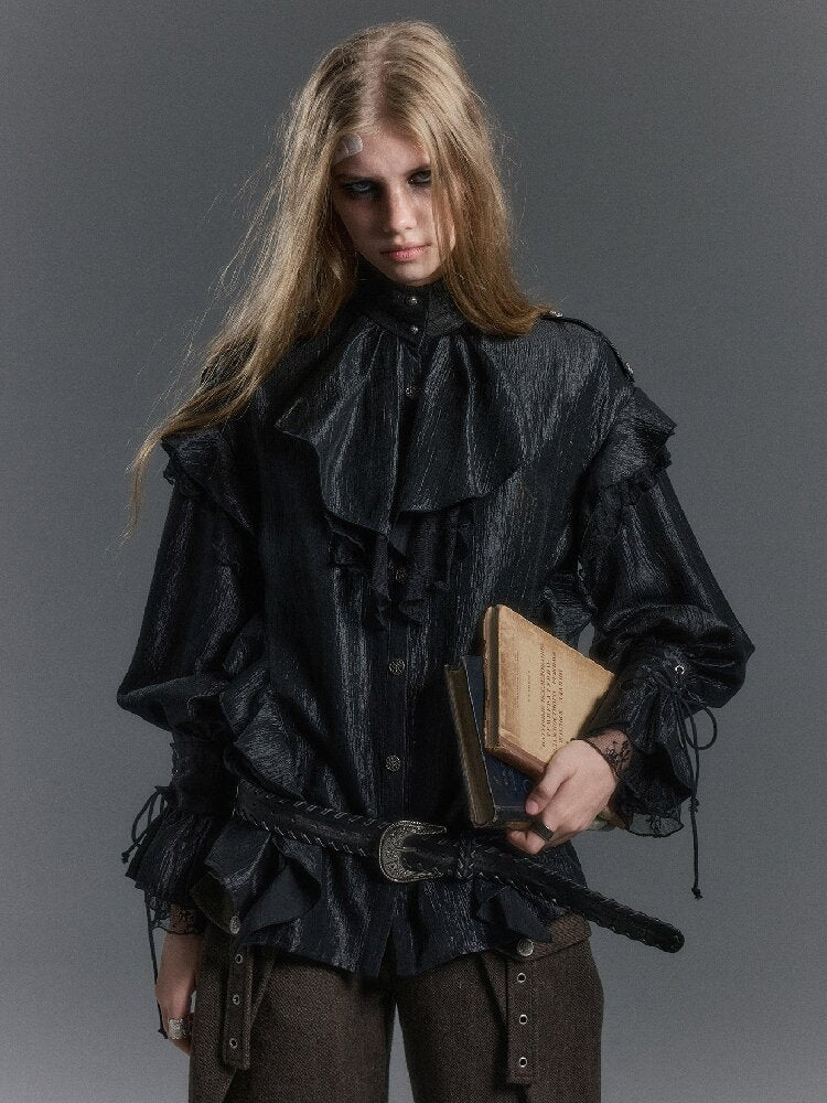 Patchwork Pearlescent Ruffled Stand Collar Shirt【s0000019242】