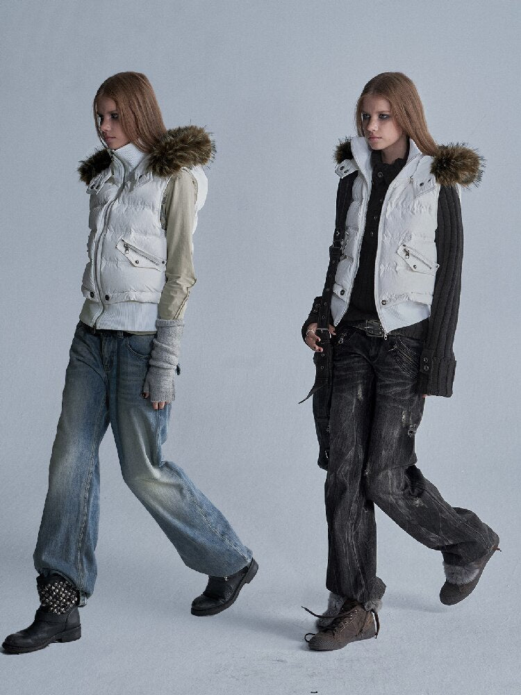 Fur Hooded White Duck Down Vest【s0000019093】