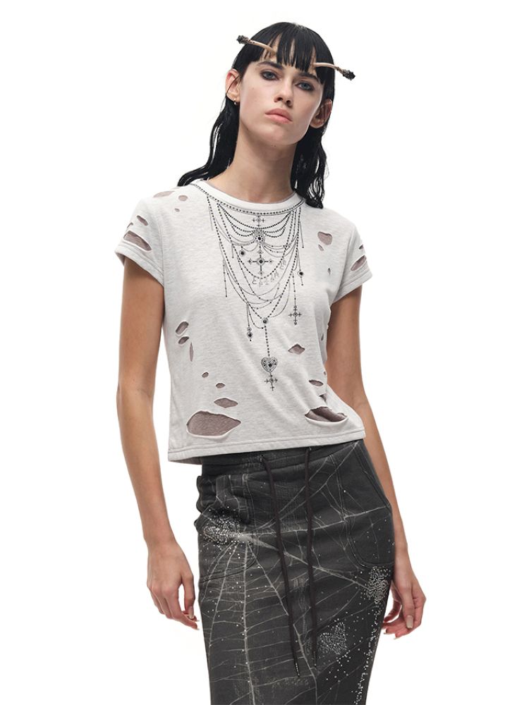 Rhinestone necklace ripped t-shirt【s0000012596】