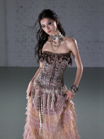 Patchwork Lace Satin Short Corset【s0000016204】