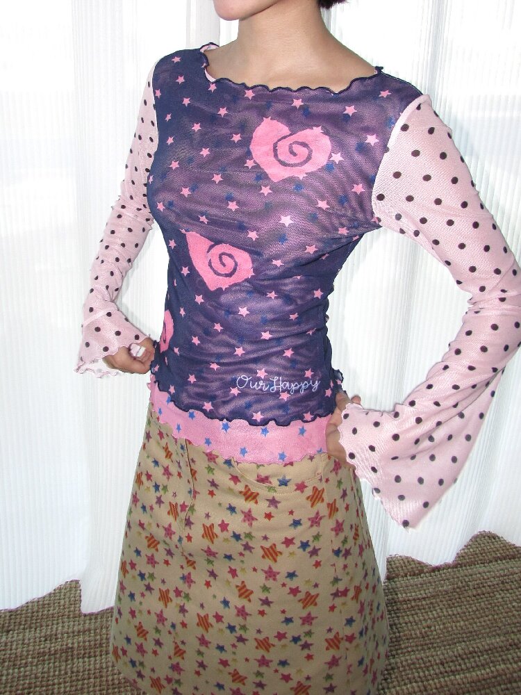 Pink Blue Mesh Flared Sleeve Top【s0000018675】