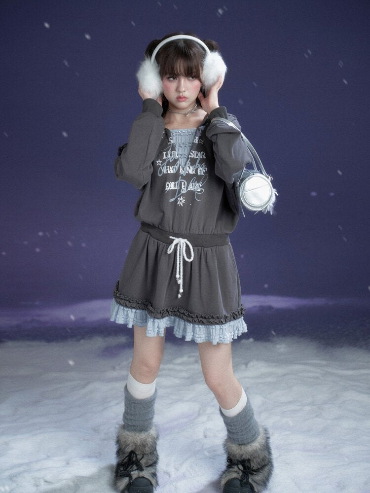 Gray Blue Print Lace Hoodie Dress【s0000015471】