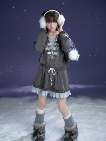 Gray Blue Print Lace Hoodie Dress【s0000015471】