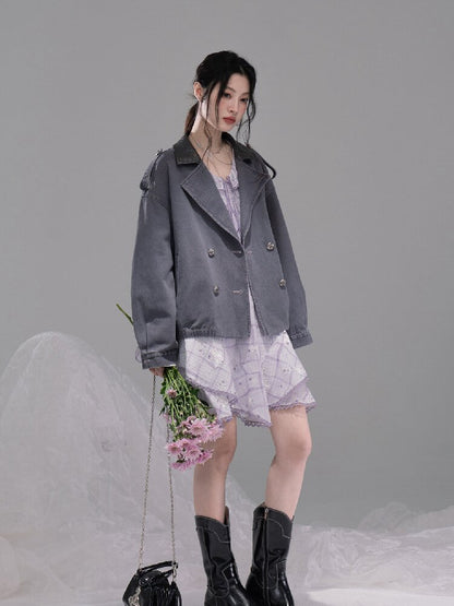 Ink Gray Leather Washed Denim Jacket【s0000015741】