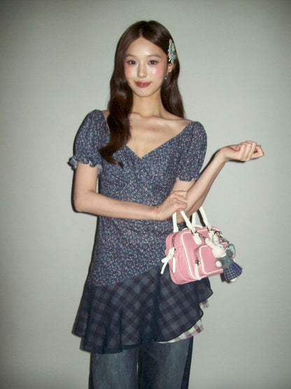 Plaid bubble sleeve top/dress【s0000013456】