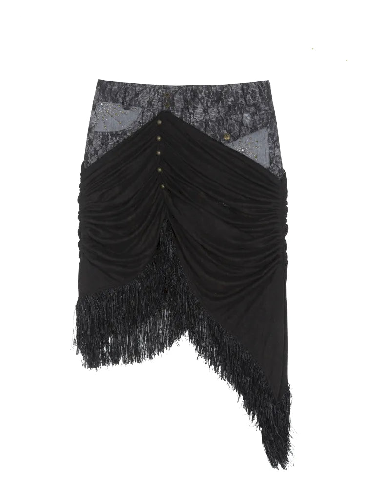 Asymmetric Knit Patchwork Drawstring Skirt【s0000014125】