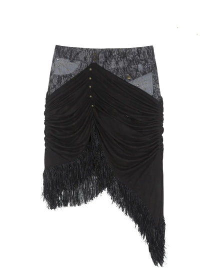 Asymmetric Knit Patchwork Drawstring Skirt【s0000014125】