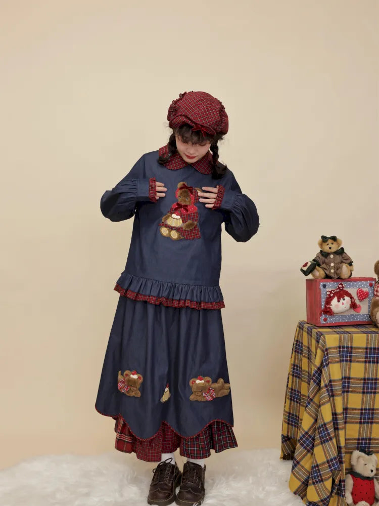 Teddy bear embroidered denim skirt【s0000014176】
