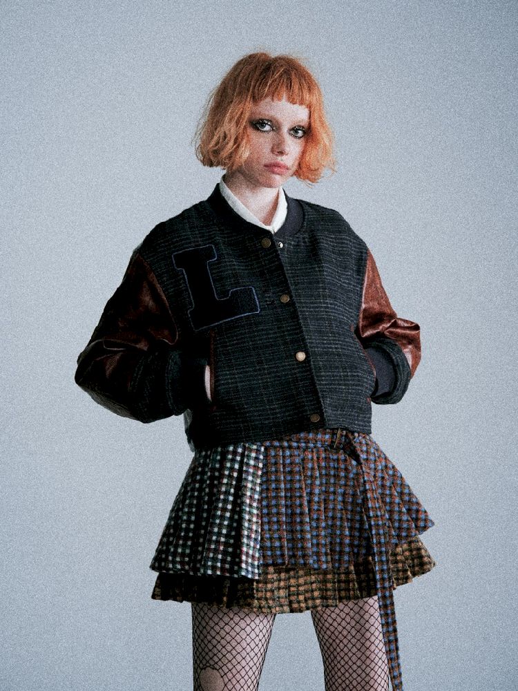 Three-color plaid splicing pleated skirt【s0000005411】