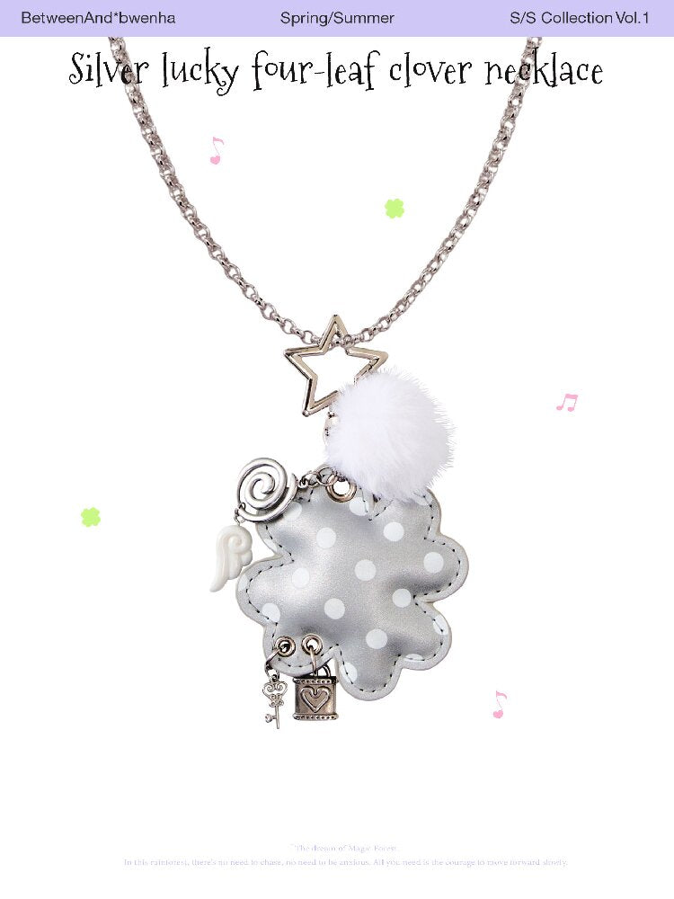 Leather Silver Clover Bag Necklace【s0000016374】