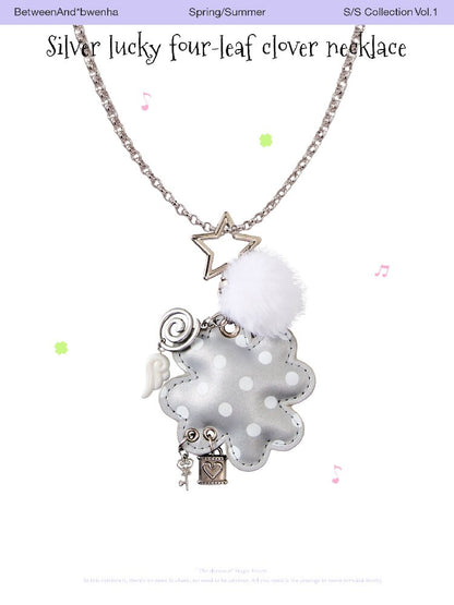 Leather Silver Clover Bag Necklace【s0000016374】