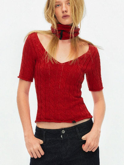 Cut Out Cable V-Neck Knit Top【s0000015928】