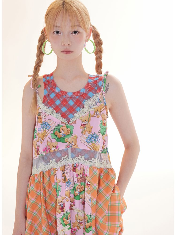 Checkered Bear Patchwork Lace Halter Dress【s0000009785】