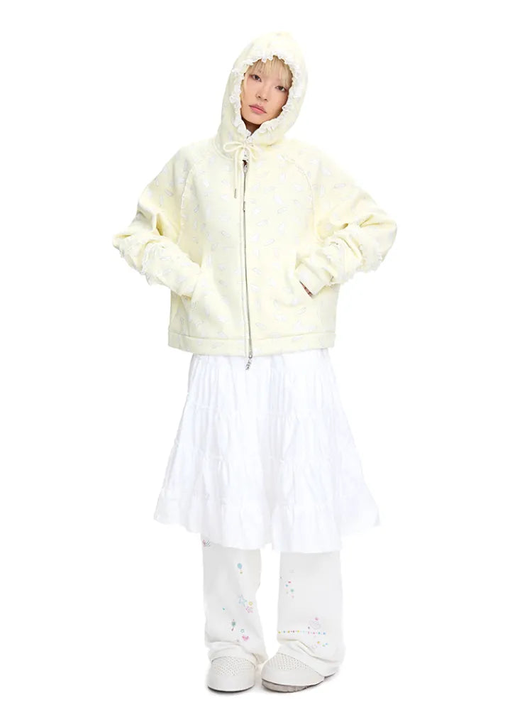 Wing Feather Print Lace-Trim Hoodie【s0000014096】