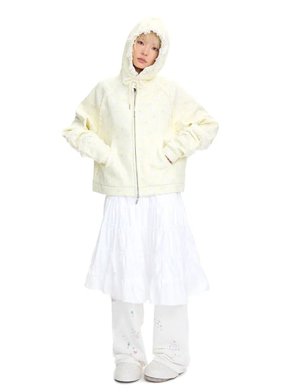 Wing Feather Print Lace-Trim Hoodie【s0000014096】