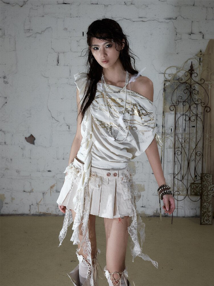 Foil Chain Print Asymmetrical T-Shirt【s0000016979】