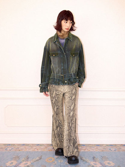 Loose Green Flocked Denim Jacket【s0000011638】