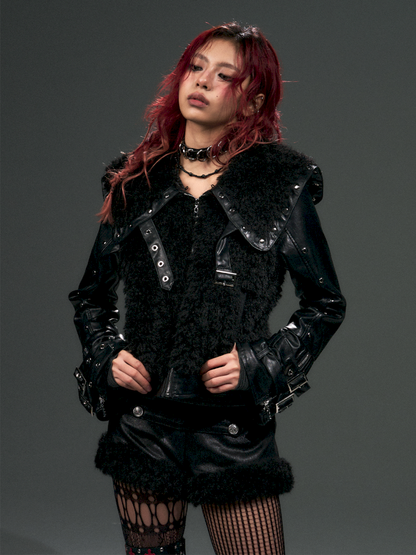 Rivet Fur Stitching Leather Coat【s0000015016】