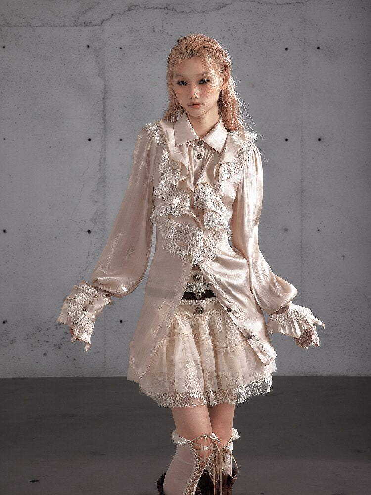 Ruffled Lace Satin Silk Shirt【s0000019157】