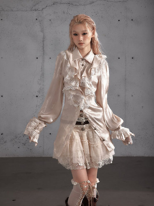 Ruffled Lace Satin Silk Shirt【s0000019157】