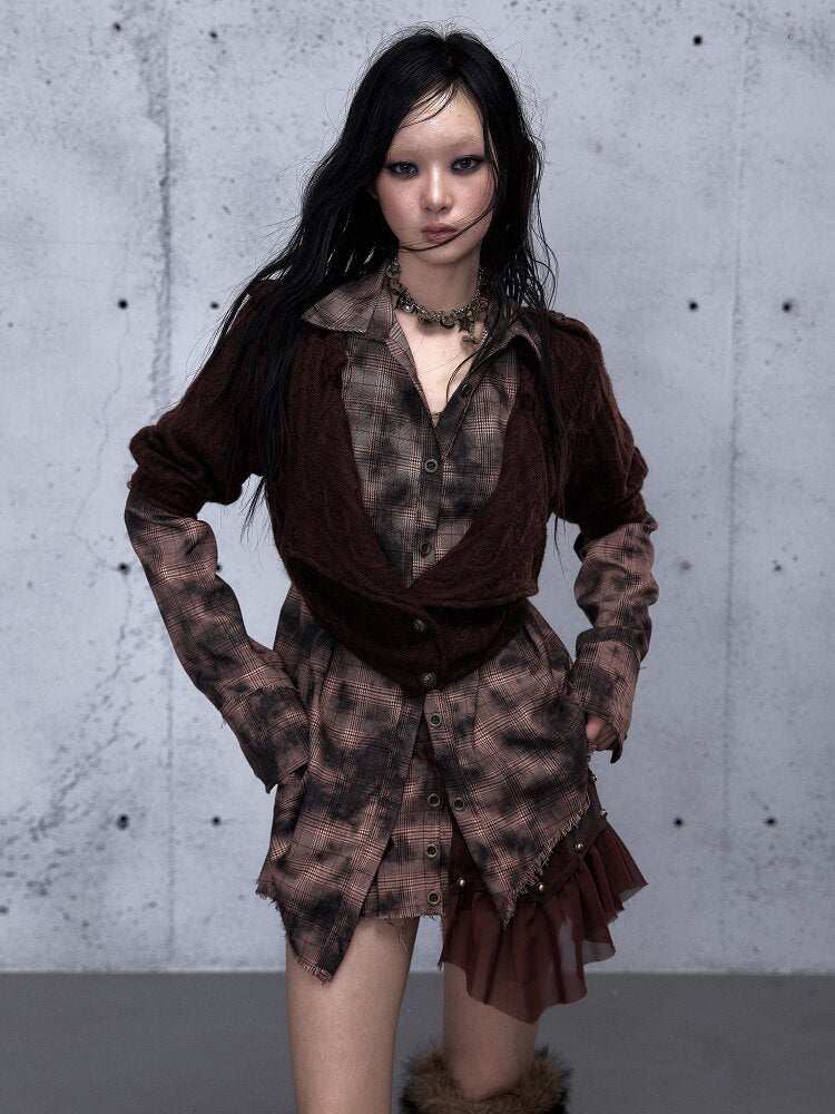 Check Knit Fake Two Piece Shirt【s0000015547】