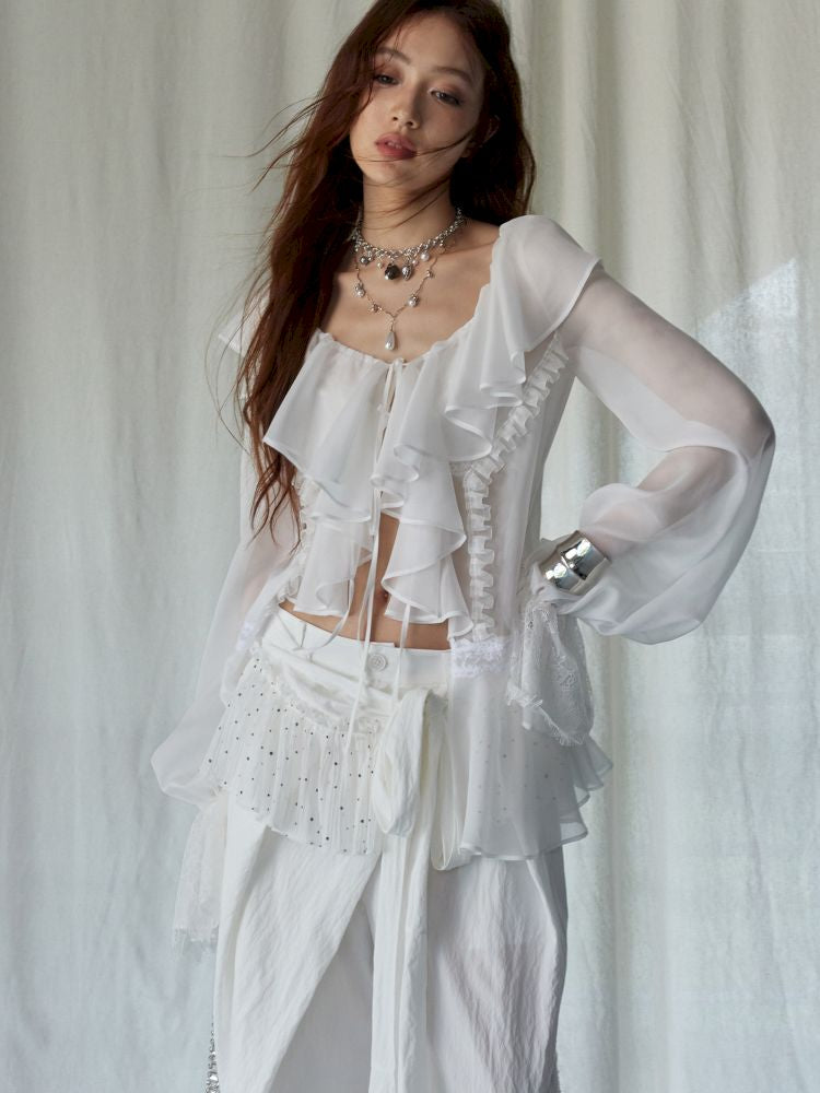 Ruffled airy skin sheer white shirt【s0000013225】