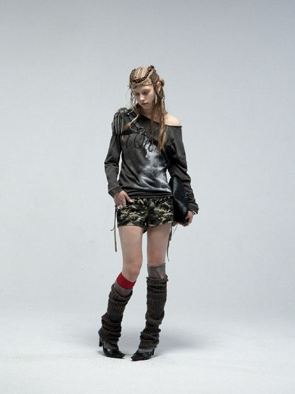 Slant Shoulder Round Neck Printed T-Shirt【s0000011842】