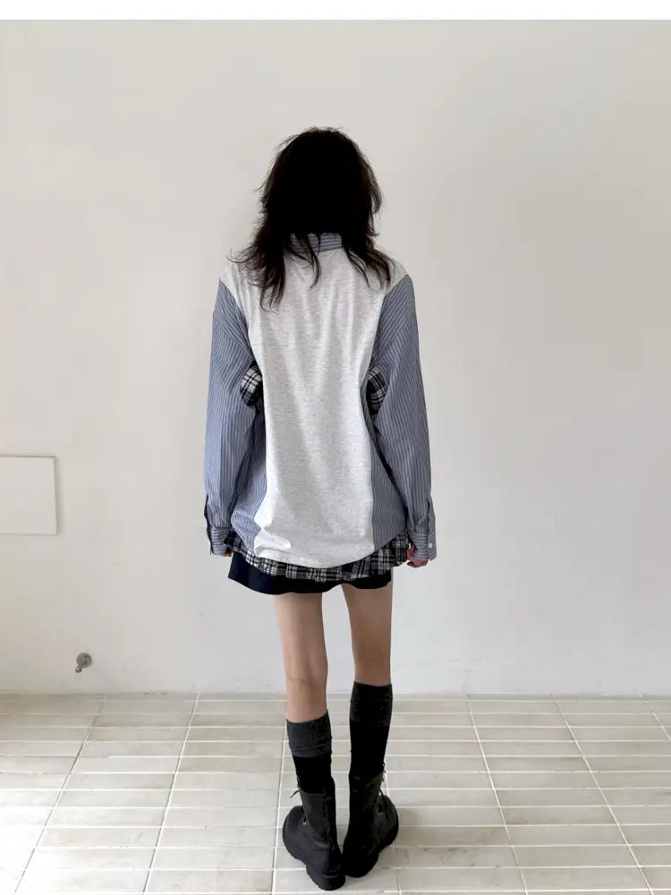 Patchwork Blue Striped Sleeve Shirt【s0000014199】