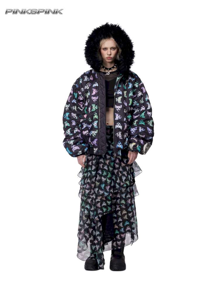 Black Metal Fur Collar Cotton Suit【s0000015129】