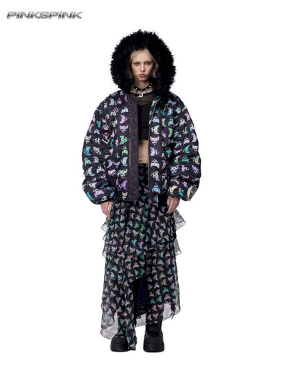 Black Metal Fur Collar Cotton Suit【s0000015129】