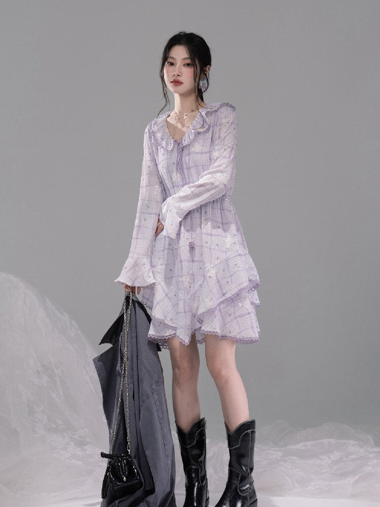Purple Butterfly Print Ruffled Dress【s0000015739】