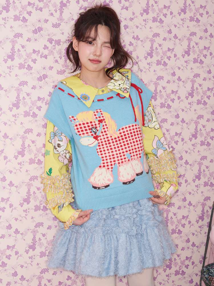 Blue Red Plaid Pony Knit Vest【s0000015023】