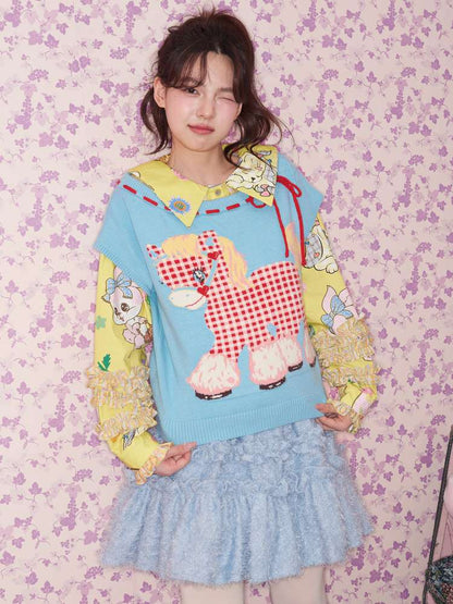 Blue Red Plaid Pony Knit Vest【s0000015023】