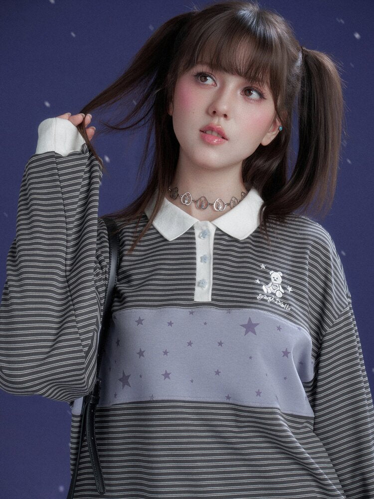 Purple Striped Loose Polo Shirt【s0000015470】