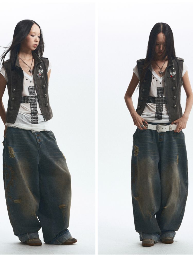 Distressed loose cuffed jeans【s0000012685】