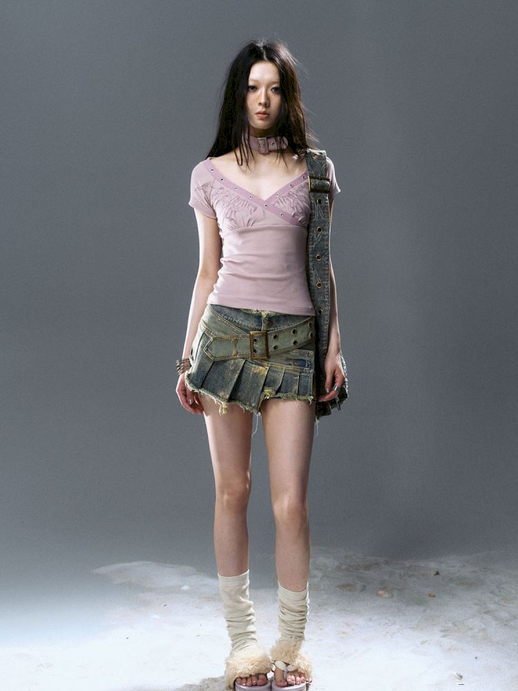 Denim pleated skirt pants【s0000012806】