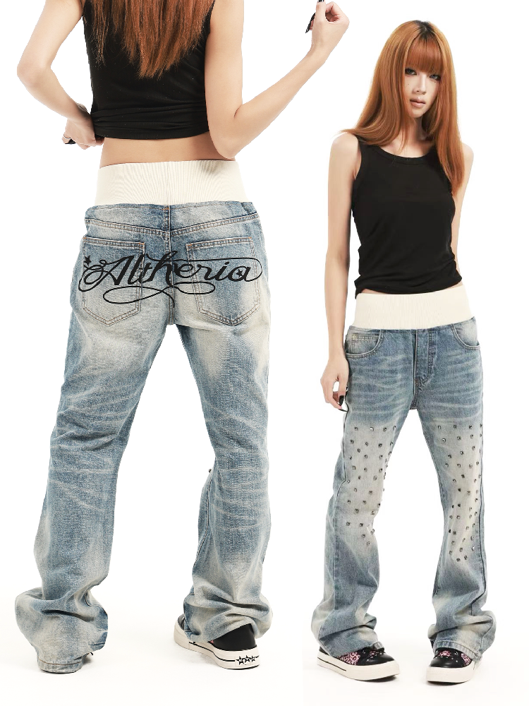 Patchwork Studded Straight Jeans【s0000018362】